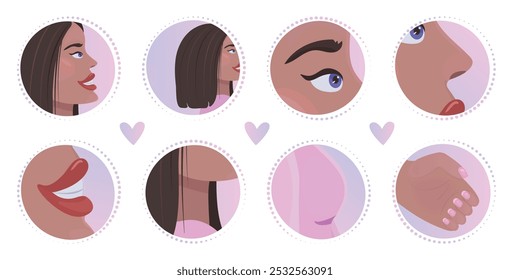 Woman body parts icon set, 8 vector gradient signs, round colorful illustration collection