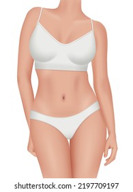 Woman Body. Realistic Beautiful Lingerie Bikini And Bra On Fitness Body Decent Vector Female Illustration