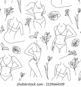 Woman body seamless pattern, line style black and white background. Women in lingerie with flowers, body positive. Use for package, print, paper, art 