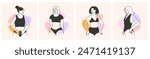Woman body set. Beautiful women in underwear, lingerie. Female beauty, body care concept. Abstract simple hand drawn line art, simple shapes. Minimalist isolated flat vector illustrations
