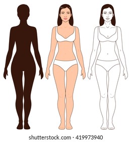 Woman body shape, outline and silhouette template. Full length front view of a standing girl isolated on white. 