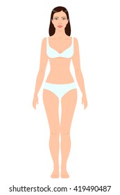 Woman body shape template. Full length front view of a standing girl isolated on white. 