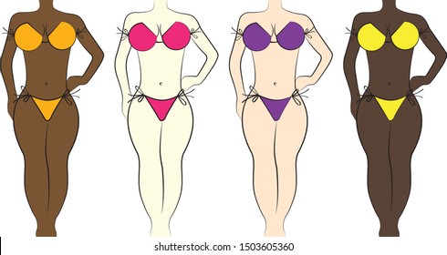 Woman body silhouette in bikini illustration, vector, skin color differences, different kind of bikini and skin color