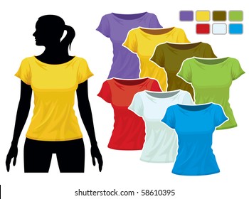 Woman body silhouette with colorful collection of t-shirts