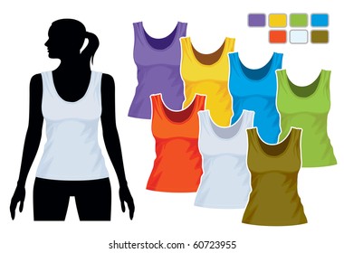 Woman body silhouette with colorful collection of sleeveless shirts