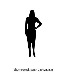 Woman body silhouette, confident standing and holding one hand at hip, black minimalist flat vector illustration icon
