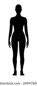 Frau Körper Silhouette. Frauenfigur in voller Länge. Schwarze schlanke Form, Mädchen stehend, Pose, Vorderansicht. Minimalistische Vektorillustration. Vorlage, Schablone. Einfache und ruhige Vektorillustration