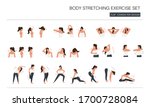 woman body stretching exercise set. faceless flat cartoon character design.