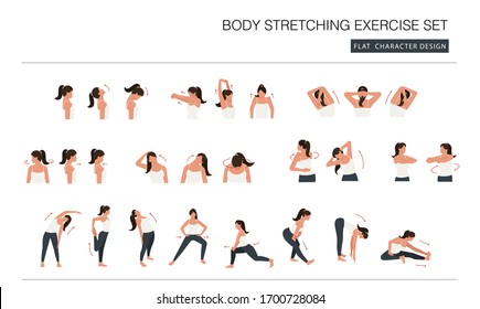 Woman Body Stretching Exercise Set. Faceless Flat Cartoon Character Design.
