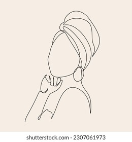 Woman Body With Towel On Head Line Art. Abstract Minimalist Female Spa Bath Cosmetics Logo