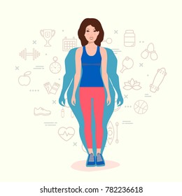 Woman Body Transformation Concept. Woman before and after diet or weight loss. Fitness design template. Set of sport and health line icons in background.