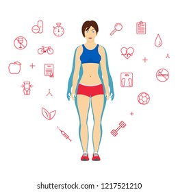 Woman Body Transformation Concept. Girl before and after diet or weight loss. Fitness design template. Set of sport and health line icons in background.