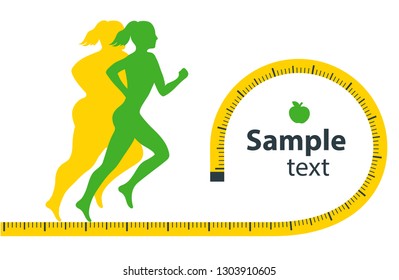 Woman Body Transformation Concept. Running girl is loosing weight. Great results in sports. Vector illustration for gym posters. Blank space for your content, template.