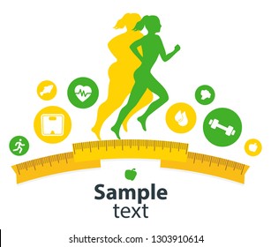 Woman Body Transformation Concept. Running girl is loosing weight. Great results in sports. Vector illustration for gym posters. Blank space for your content, template.