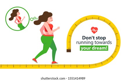 Woman Body Transformation Concept. Running girl is loosing weight. Great results in sports. Vector illustration for gym posters. Blank space for your content, template.