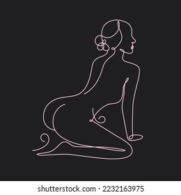Woman Body Trendy Art Line. Black background. Female Figure Continuous One Line Abstract Drawing. Minimalistic Lines Drawing. Modern Scandinavian Design. Vector Illustration