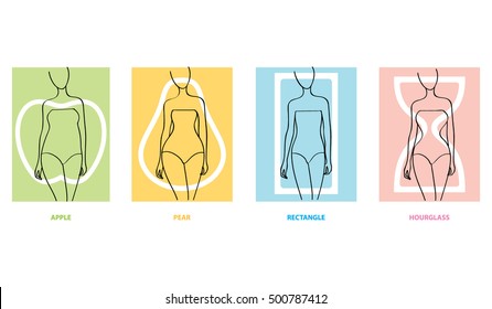 Woman Body Types. Apple, Pear, Rectangle, Hourglasses Female Shapes. Vector Illustration