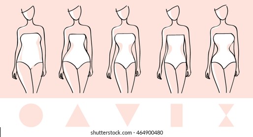 Woman body types. Round, triangle inverted triangle, rectangle shapes.  Female body shapes. Beauty vector illustration.