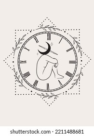 Woman Body, Vintage Clock, Plants And Minimal Frame, Vector Art