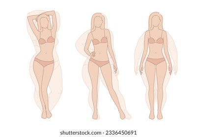 Woman body weight loss before and after diet. Emaciation Transformation Concept. Overweight obese female silhouette. health shape. Five angles figure front, 3 of 4, side views. Vector illustration
