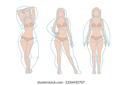 Woman body weight loss before and after diet. Emaciation Transformation Concept. Overweight obese female silhouette. health shape. Five angles figure front, 3 of 4, side views. Vector illustration