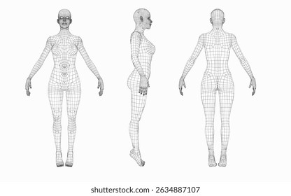 woman body  wireframe from different sides, front view,back view,side view, futuristic and technology