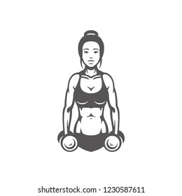 Woman bodybuilder lifting dumbbells silhouette isolated on white background vector illustration. Vector fitness gym graphics illustration.