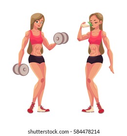 Woman bodybuilder, weightlifter working out with dumbbells and drinking protein shake, cartoon vector illustration isolated on white background. Woman bodybuilder with dumbbells and drinking protein