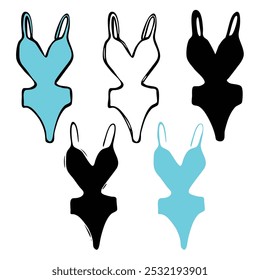 Woman bodysuit contour icons. Fashion glamour illustration. One-piece swimsuit, with V-neck and cut-outs. Front, black and cyan variations