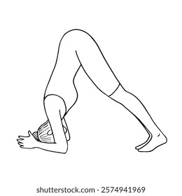 woman in bodysuit doing yoga in downward dog pose - hand drawn line art