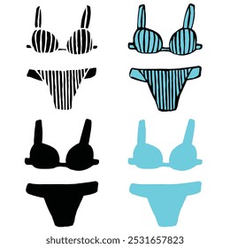 Woman bodysuit. Fashion illustration, hand-drawn doodles. Two-piece bikini, lined print. Black and cyan.