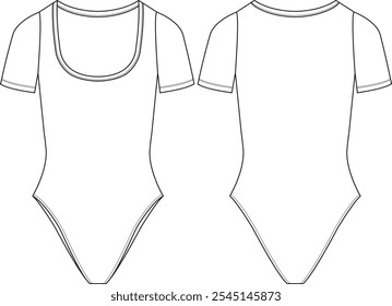 Mulher Bodysuit Decote leve de colher de manga curta, esboço frente e atrás