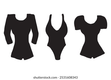 Bodysuits de mujer. Colección de siluetas de doodle simples. Ilustración técnica de moda. Frente, color negro. Elementos aislados