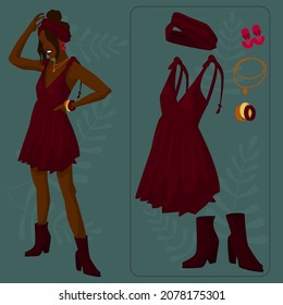 Woman in boho bordo dress and set of clothes and accessories. Vector illustration.