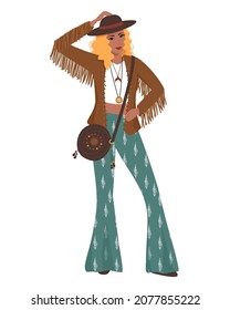 Woman in boho clothes. Pretty woman in fashionable clothes with ethnic motives. Flat vector illustration.