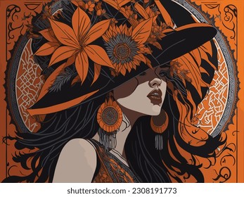Woman in Boho Style Art orange and Black colors.