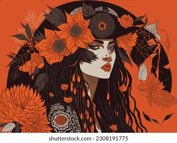 Woman in Boho Style Art orange and Black colors.