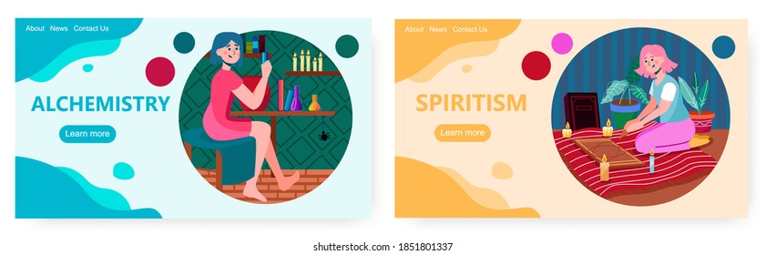 Woman boiling alchemy spiritual drink. Occult and divination vector concept illustration. Girl using divination board to predict future and fortune. Web site design template svg