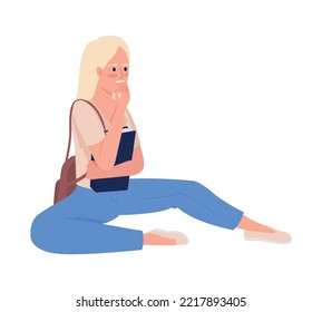 Woman with book and backpack semi flat color vector character. Resting student. Editable figure. Full body person on white. Simple cartoon style illustration for web graphic design and animation