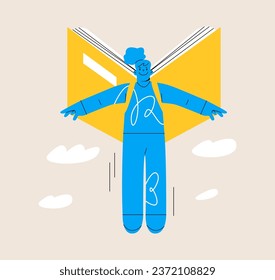 Woman with book behind his back flies. Colorful vector illustration