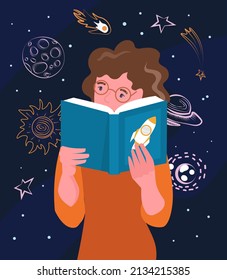 Woman with book. Character on background of stars, inquisitive girl with glasses. Education and training, science, science and astronomy, space exploration and galaxy. Cartoon flat vector illustration