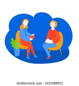 Woman Book Club Meeting Vector Illustration. Reading Mother And Daughter. Cartoon People Sit In A Shop And Read Aloud. Quarantine Activity And Family Isolation. Stay Home