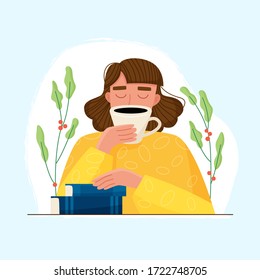 Woman with book and coffee cup. Flat cartoon style vector illustration.