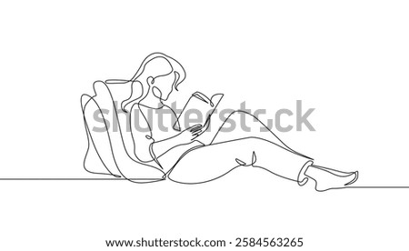 Woman with Book Continuous Line Drawing. Female Reading in Minimal Continuous One Line Style. Woman Reads a Book Graphic Sketch Artwork Vector Illustration. Not AI