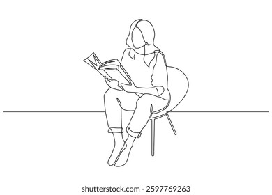 Woman with Book Continuous One Line Drawing. Reading Concept Simple Linear Style. Female Silhouette with Book in Editable Stroke. Doodle Contour Vector Illustration. Not AI