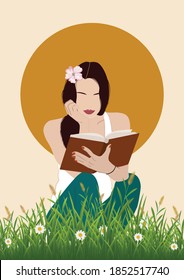 Woman with Book and Flower Art, Boho Book Lover Girl, Abstract Minimalist Printable Wall Art, 
 Female Modern Art Print, Illustration, Vector
