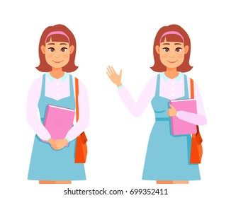 Woman with book in hand. Student girl. Cartoon portrait.Education concept. Illustration of smiling student with folder in hands and school bag 