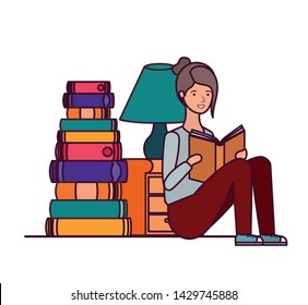 woman with book in hands in living room