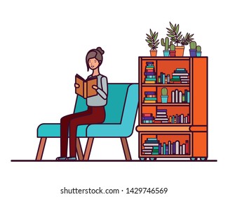 woman with book in hands in living room