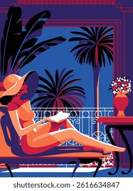 Woman with book in hands lying on sofa on vacation at tropical resort. Handmade drawing vector illustration. Art Deco style. Vintage poster.	